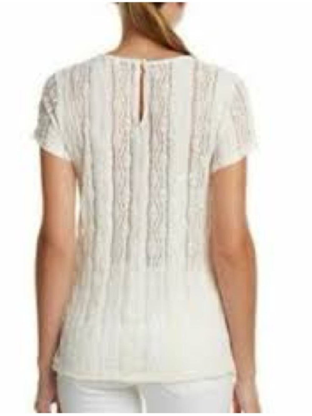 CAbi #260 Stretch Ecru Lace Short Sleeve Top Women’s L Coquette Semi-Sheer Boho - Picture 6 of 11